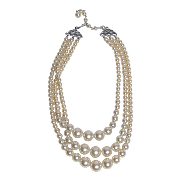 3 Layer Triple Strand Faux Pearl 20in Necklace Wedding Bridal Jewelry Vtg - Picture 3 of 6